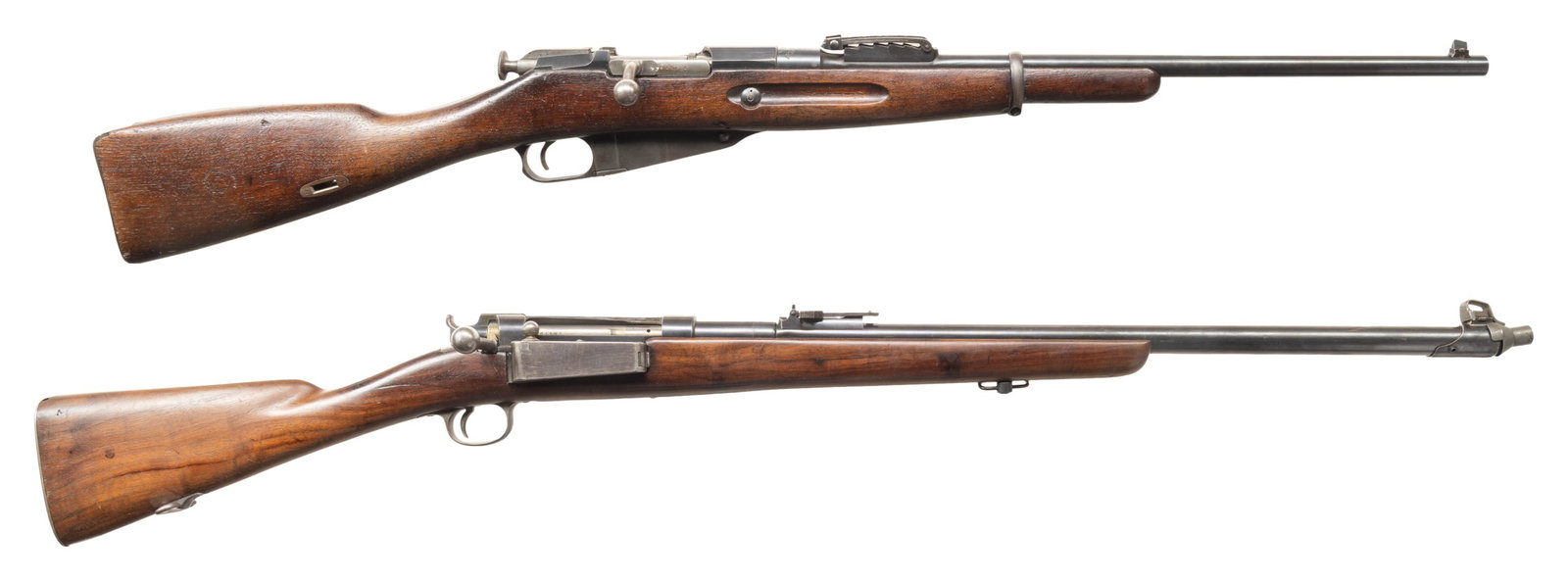 LOT OF TWO MODIFIED MILITARY BOLT ACTION RIFLES.: 1) Remington-Bannerman Mosin Nagant Rifle. Cal. 30-06. NSN. Bbl. 22". Blade front sight. M91 Mosin rear sight. Remington M91 Mosin Nagant cutdown & converted to 30-06 by Bannerman. Parts have mixed nu