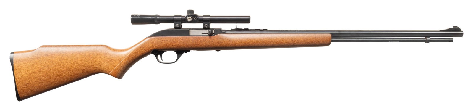 MARLIN MODEL 60 SEMI AUTO RIFLE.: Cal. 22 LR. S# 15420238. Mfg. 1985. Bbl. 22" w/ sporting sights. Missing tubular mag. Tasco 4x15 scope. Hardwood stock. CONDITION: very good blue. Very good wood finish with large scratch & sticker re