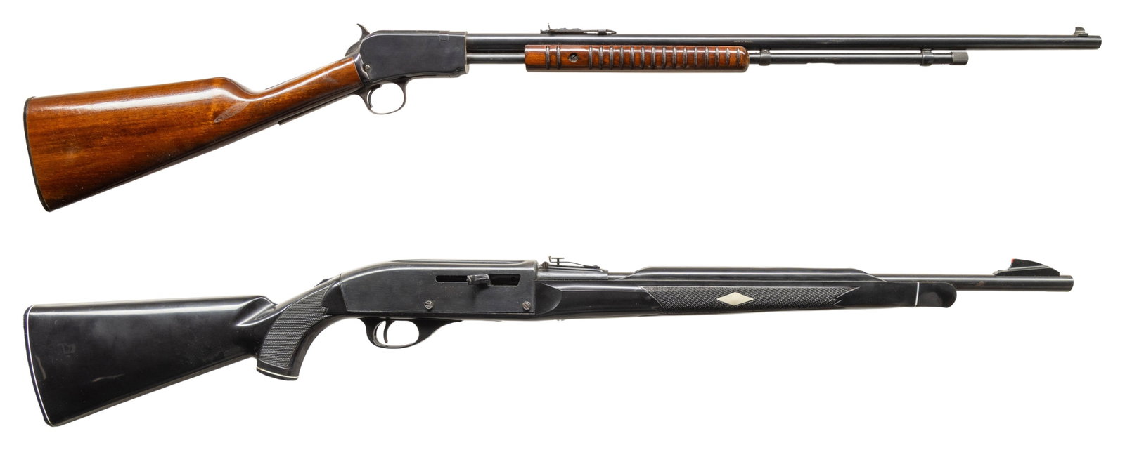 ROSSI 62SA & CBC NYLON RIMFIRE RIFLES.: 1) ROSSI 62 SA PUMP ACTION. Cal. 22 S, L, LR. S# G123530. Bbl. 23". Blade front sight & elevator rear sight. Tubular mag. Hardwood stock set. CONDITION: good blue with cycling wear & marks. Tang screw