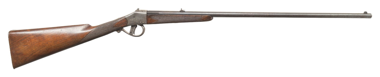 BELGIAN COMBLAIN SINGLE SHOT STALKING RIFLE.: Cal. 360. S# 11739. Rnd. 26.5" bbl. w/ pre-1893 Belgian proofs. Blade front sight & 2 leaf rear sight. Comblain action w/ assembly # "21" & sprays of acanthus scroll engraving. Checkered walnut stock