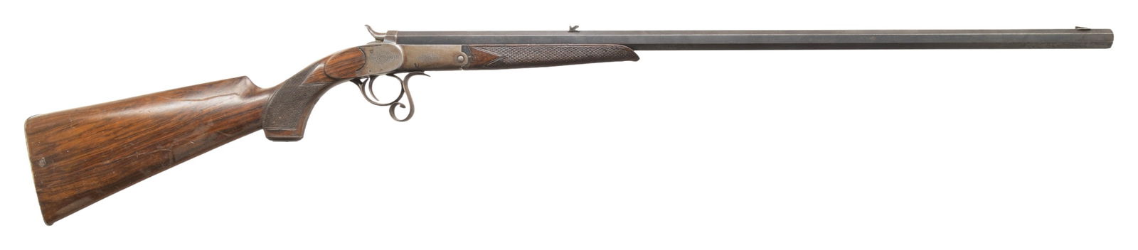 R. JACKSON OF 15 EDGWARE ROAD, LONDON UNDER-LEVER: ROOK RIFLE. Cal. 380 Rook. S# 7129. Oct. 28" bbl. w/ blade front sight & 2 leaf rear sight. Round bodied action w/ sprays of acanthus scroll engraving; extends to grip cap. Action is opened by the