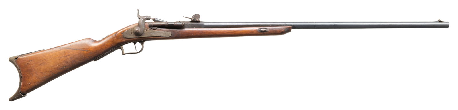 BELGIAN PFENNINGER SNIDER ACTION SCHUETZEN RIFLE: CONVERTED TO PERCUSSION. Cal. 11.8mm. NSN. Rnd. 30.5" bbl.; has black powder Belgian proofs. Blade front sight & tangent adj. rear sight. Snider style action w/ "7" on breech block; breech block