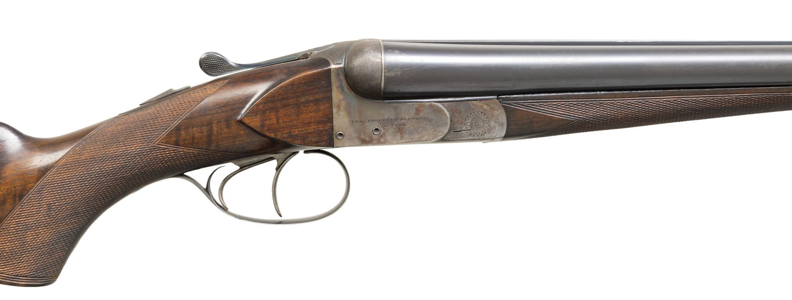 VON LENGERKE & DETMOLD "THE KNOCKABOUT GUN": BELGIAN SXS SHOTGUN. Cal. 12 ga. 2 1/2". S# 535. Bbls. 28" with steel front bead. Water table of barrels have standard Belgian ELG proofs. Case colored boxlock action with double underlug and cross