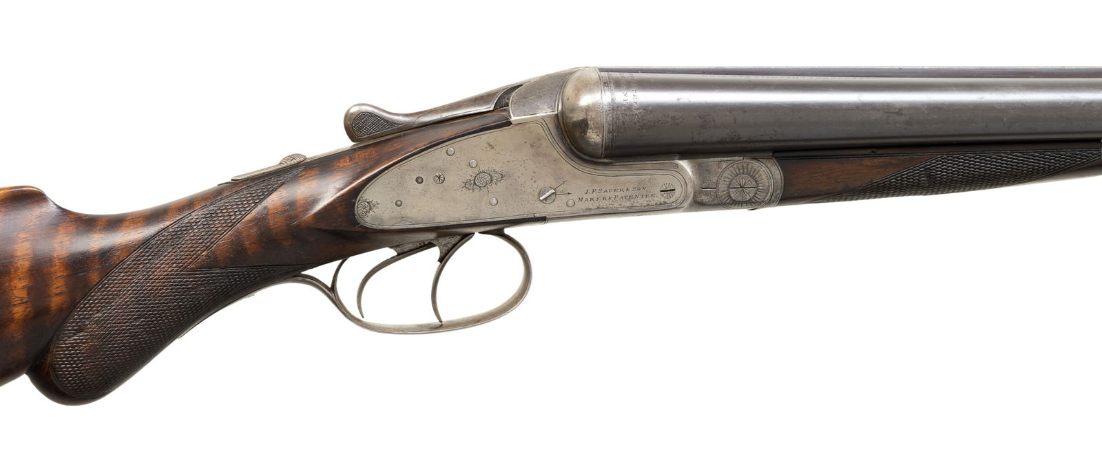 VON LENGERKE & DETMOLD "THE KNOCKABOUT GUN": SIDELOCK SHOTGUN. Cal. 12 ga. 1 3/4". S# 87823. Bbls. 26" of Krupp Fluid Steel with white mid bead. Sidelock action with double underlug and doll's head locking. Water table of barrels have German