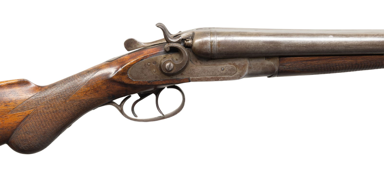 "WF & CO" MARKED BELGIAN SXS HAMMER COACH SHOTGUN: BY JANSSEN SONS & CO. Cal. 12 Ga. S# 14259. Triggerguard bow stamped "WF & CO EXP / 841" appearing to indicate Wells Fargo use. Laminated 19" bbls. w/ front stud. Sidelock hammer action w/ dbl.