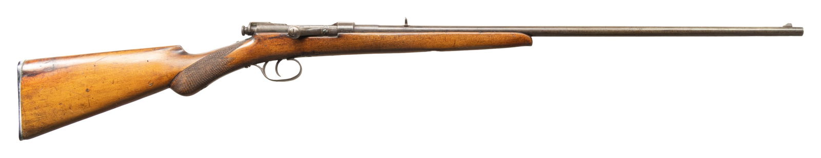 JAPANESE MURATA ACTION BOLT ACTION SHOTGUN.: Cal. 7.8mm. S# 5. Bbl. 27.5". Blade front & semi-buckhorn rear sight. Single shot, scaled down military Murata action with matching numbered box. Hardwood checkered stock w/ hard rubber buttplate.