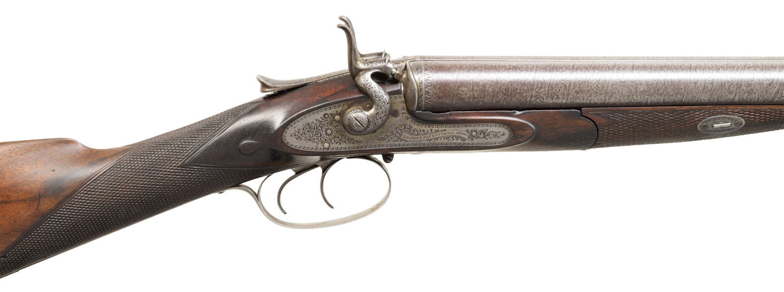 ADAMS PATENT SMALL ARMS SLIDING TOP LEVER HAMMER: SxS SHOTGUN. Cal. 12ga, opened to 2 3/4". S# 231. Bbls 30" damascus steel. Rib is marked "ADAMS PATENT SMALL ARMS COMPANY 797 STRAND LONDON". Water table and bottom of bbl has London proofs with