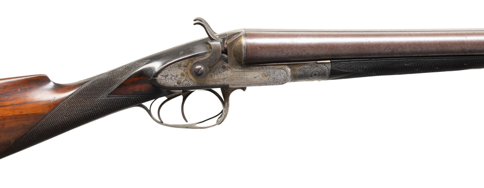 J. ADSETT OF CANTERBURY, ENGLAND THUMBHOLE UNDER-: LEVER SXS SHOTGUN. Cal. 12 Ga., 2 1/2". S# 2122. Mfg. approx, 1870's. Damascus 30" bbls. w/ steel bead & black powder London proofs; chokes appear to measure cyl. Rebound square faced hammers; locks h