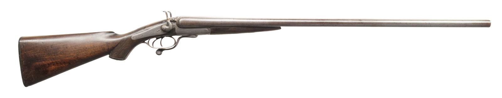 J. P. MANTON UNDERLEVER ROUND BODIED SXS HAMMER: SHOTGUN. Cal. 12 Ga., 2 1/2". (13 Bore). S# 3 (#1443 on rib address). The Best Damascus 30" barrels have pre-1896 Birmingham proofs; chokes appear to measure Full & Mod. Round bodied back action lock