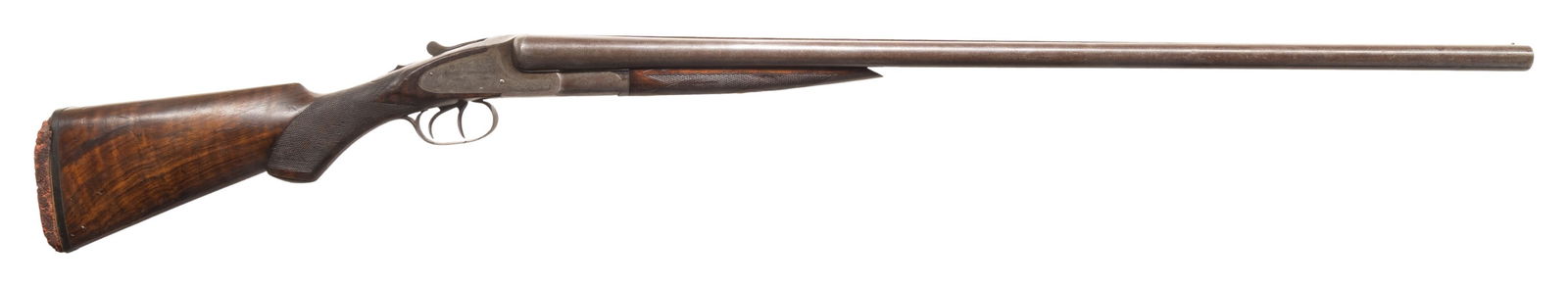 LC SMITH PRE-1913 GRADE 3 SIDEPLATED BOXLOCK: SXS SHOTGUN. Cal. 12 Ga. S# 312361 (Mfg. 1907). Chain Damascus 30" bbls. w/ brass bead; chokes appear to measure Full. Case hardened sidelock action w/ sprays of scroll engraving along with vignettes