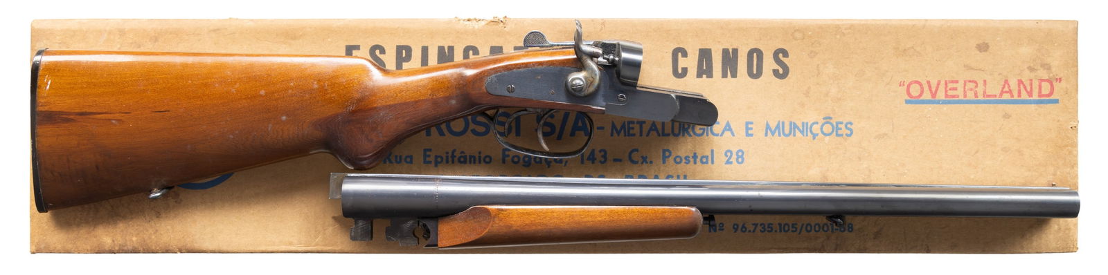 INTERARMS / ROSSI THE OVERLAND SXS HAMMER SHOTGUN.: Cal. 12 Ga., 3". S# T74959. Mfg. in Brazil by Amadeo Rossi & imported by Interarms. The 20 1/8" bbls. w/ brass bead; Mod & IC chokes. Blued & Case hardened hammers. Hardwood stock set. UNATTACHED ACCE