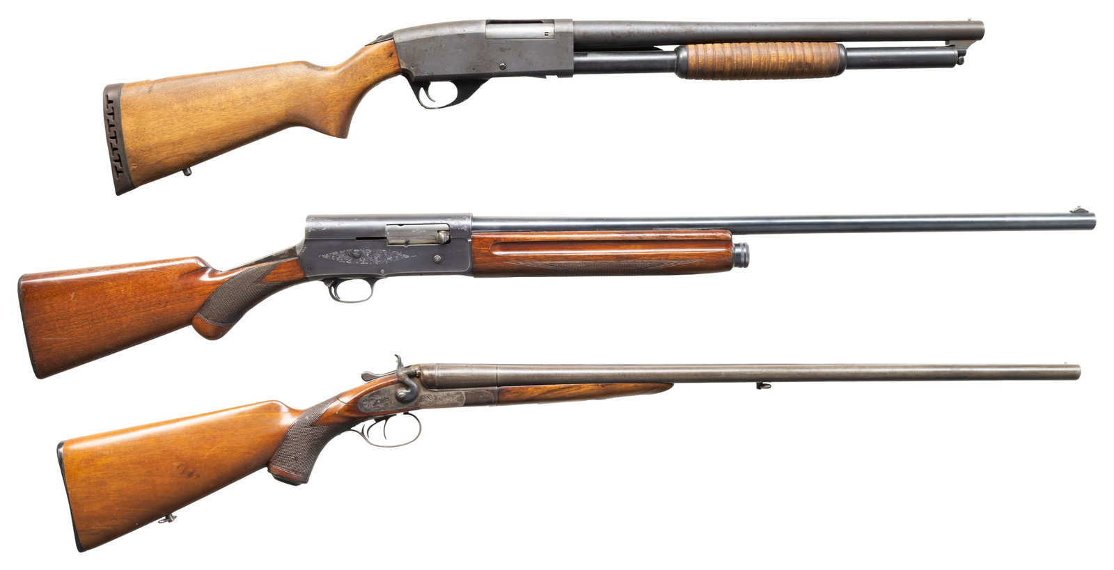 SAVAGE, BROWNING & PIEPER SHOTGUNS.: 1) SAVAGE 69RXL SERIES E RIOT PUMP. Cal. 12 Ga., 2 3/4" & 3". S# E745817. Bbl. 18" w/ steel bead & Cyl. bore. Bead blasted barrel & receiver w/ blued mag. tube. Hardwood stock set w/ black pad. CONDIT
