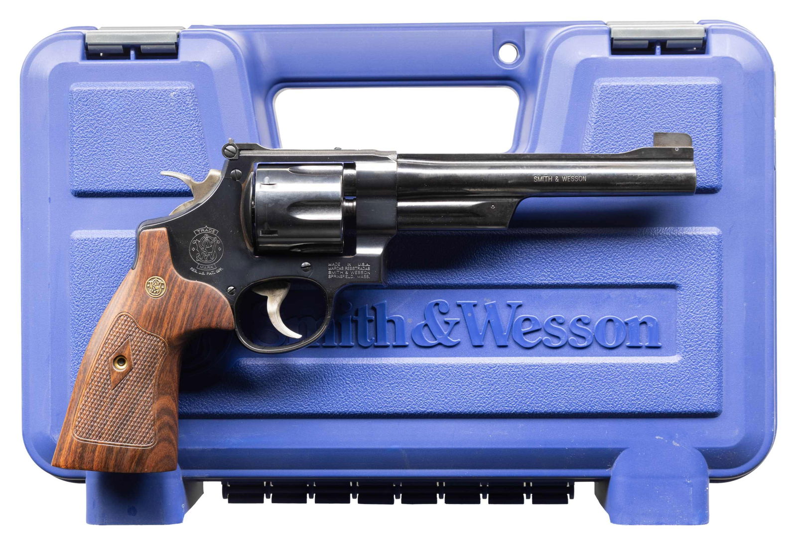 SMITH & WESSON MODEL 27-9 DA REVOLVER.: Cal. 357 Mag. S# DPE6122. Bbl. 6 1/2". Ramped blade front sight. Adjustable square notch rear sight with white outline. Newer production 27 revolver with internal locking system. 6-shot cyl. Blued fin