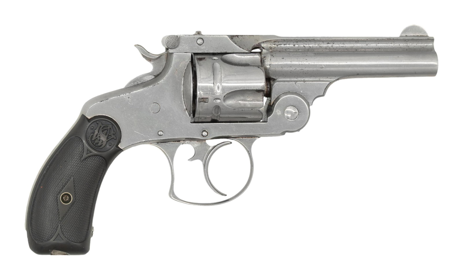 SMITH & WESSON 38 TOP BREAK DA REVOLVER.: Cal. S# 45179. Bbl. 3 1/4". Round blade front sight. Fixed rear sight. Matching numbers on frame, cyl. & bbl. latch. 2nd Model 38 Top Break mfr. 1880-1884. Renickeled finish. Checkered hard rubber gri