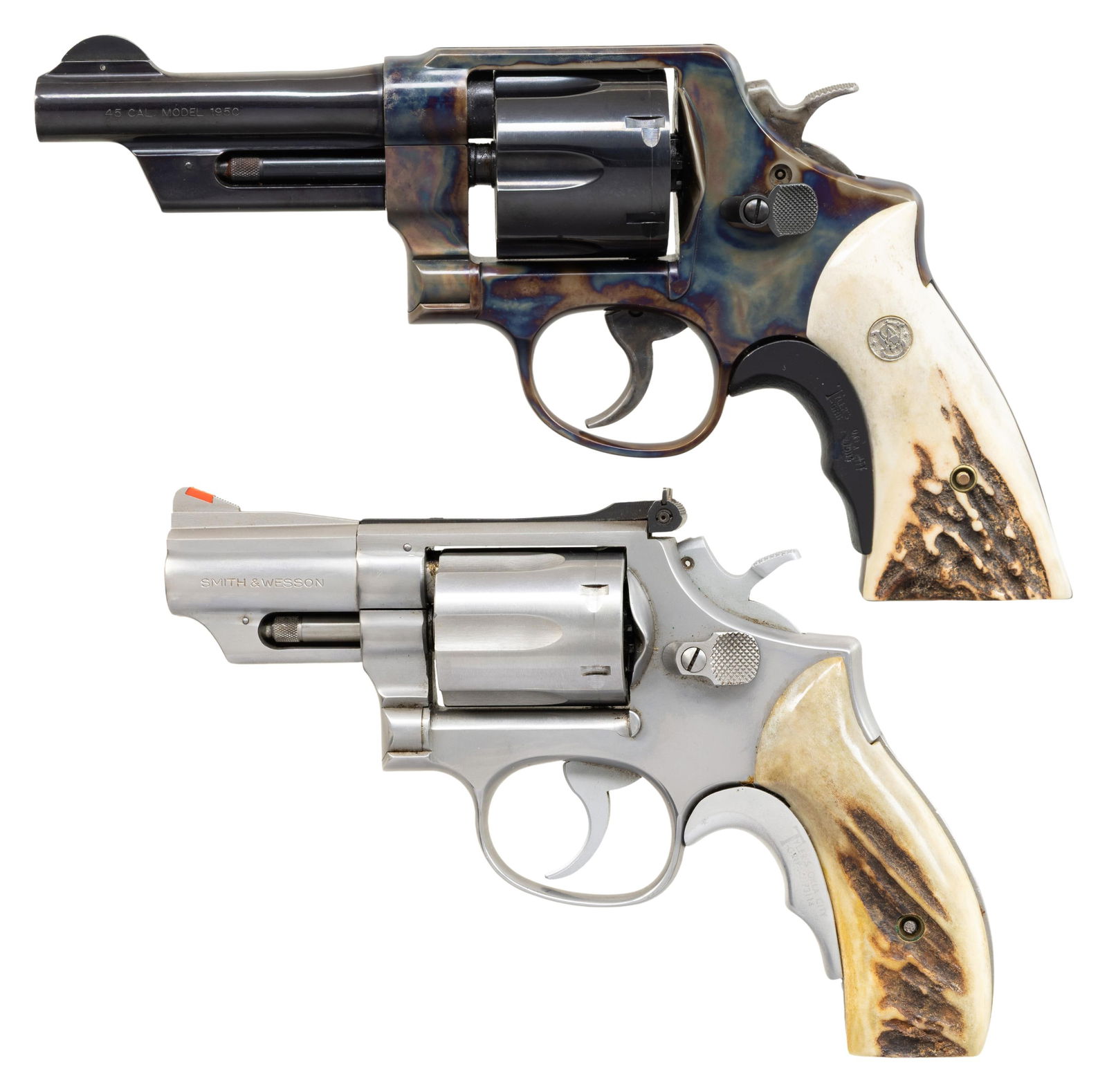 LOT OF TWO SMITH & WESSON DA REVOLVERS.: This lot consists of the following revolvers: 1) S&W 22-4 DA Revolver. Cal. 45 ACP. S# DAZ7640. Bbl. 4". Round blade front sight. Fixed rear sight. Newer production with lock. 6-shot cyl. Case colored