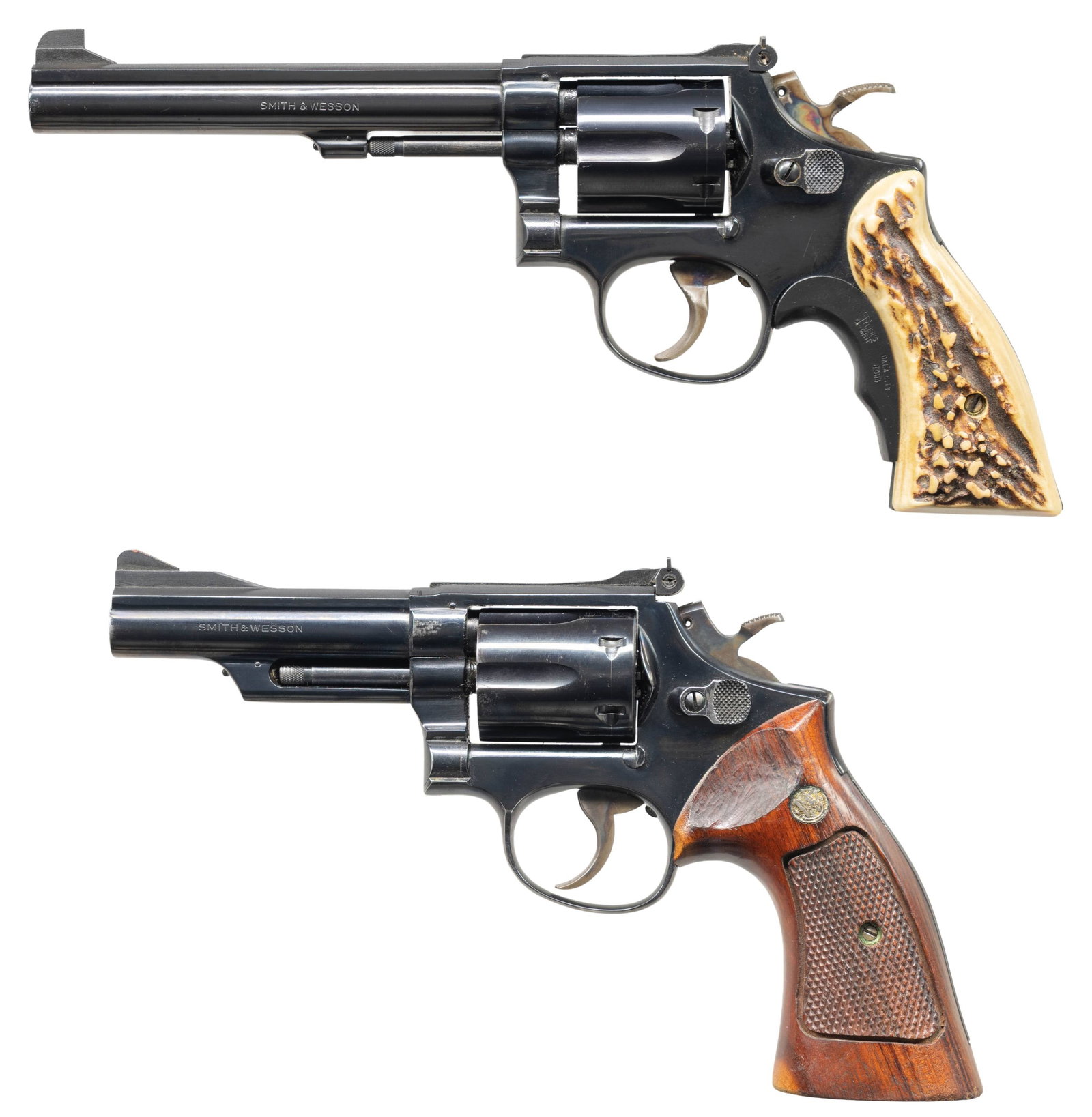 LOT OF TWO SMITH & WESSON DA REVOLVERS.: This lot consists of the following revolvers:1) S&W 19-3 DA Revolver. S# K986599. Bbl. 4". Ramped serrated blade front sight with some added white paint. Adjustable square notch rear sight. 1970 made