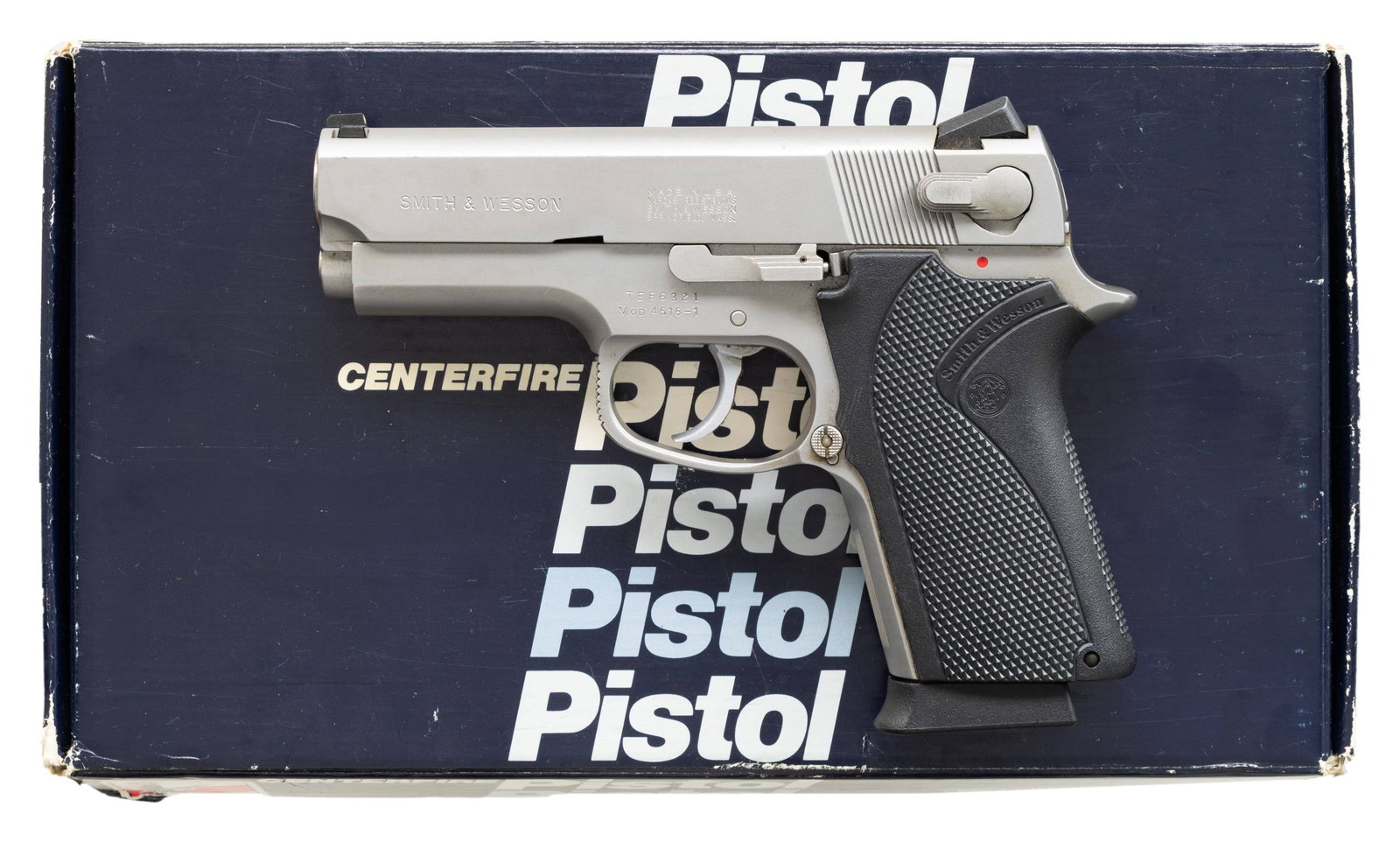 SMITH & WESSON 4516-1 SEMI AUTO PISTOL.: Cal. 45 ACP. S# TEE6321. Bbl. 3 1/2". Three dot sights. Ambi safety that also acts as a decocker. Stainless finish with bbl. ejection port area having jeweled finish. Checkered black grips with S&W mo