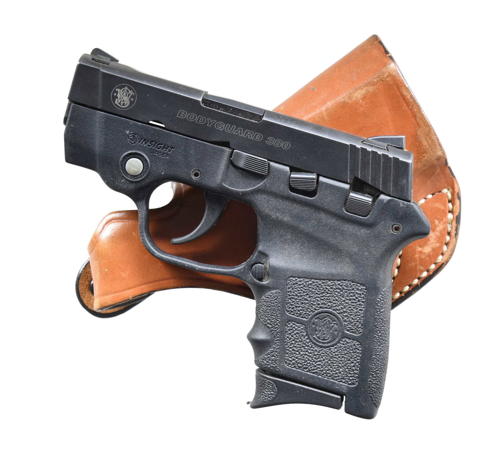 SMITH & WESSON BODYGUARD 380 SEMI AUTO PISTOL.: Cal. 380 ACP. S# EAY1776. Bbl. 2 3/4". Blade front sight. Square notch rear sight. Pistol has Insight red laser that appears to work but laser is very faint. Matte black finish. Polymer frame. MAGS: 1