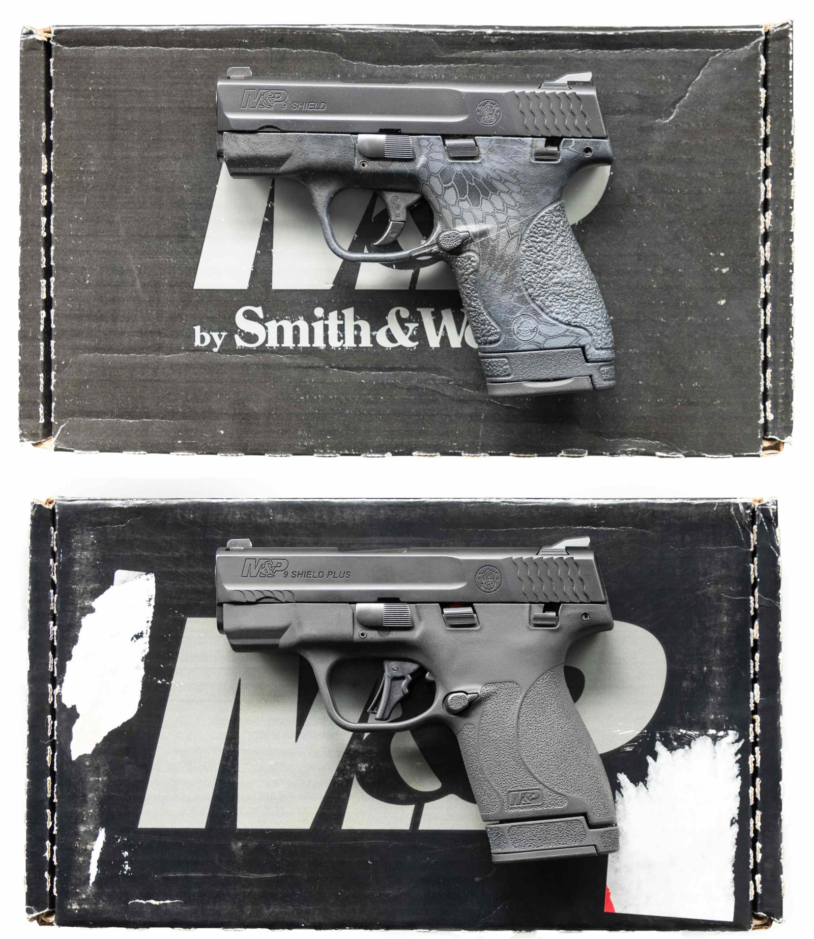 LOT OF TWO SMITH & WESSON M&P 9 SHIELD SEMI AUTO: PISTOLS.Both Cal. 9x19. Both Bbl. 3 1/4". 1) M&P Shield Plus. S# JKZ4472. Three dot sights. Manual safety. Upgraded trigger. Matte black finish. Polymer frame. MAGS: 1-8 rd. UNATTACHED ACCESSORIES: ma