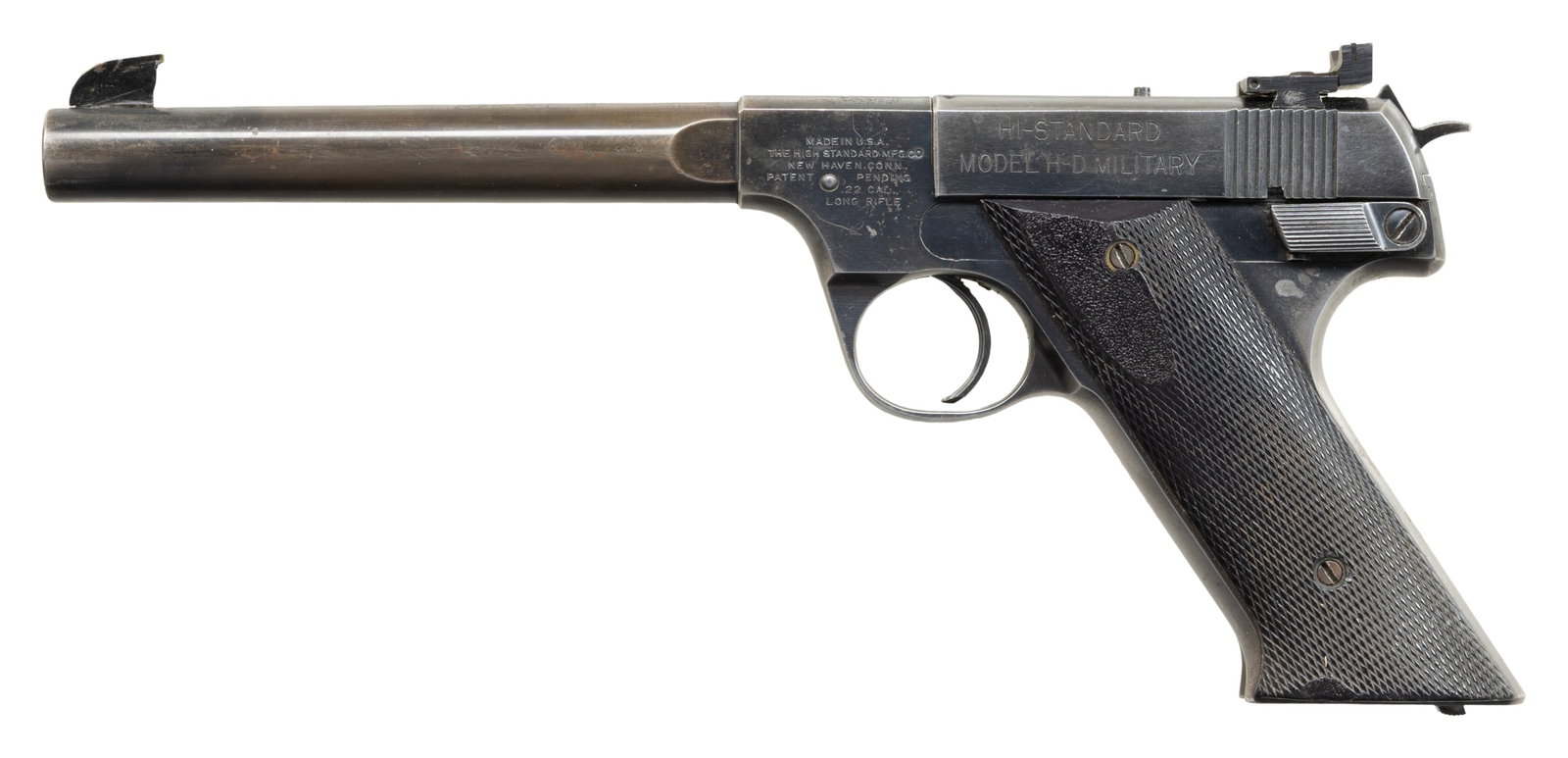 HIGH STANDARD HD MILITARY SEMI AUTO PISTOL.: Cal. 22 LR. S# 147040. Bbl. 6 3/4". Crude replacement blade front sight. Adjustable Micro replacement rear sight. Blued finish. Checkered hardwood grips. MAGS: none present. CONDITION: grips have a da