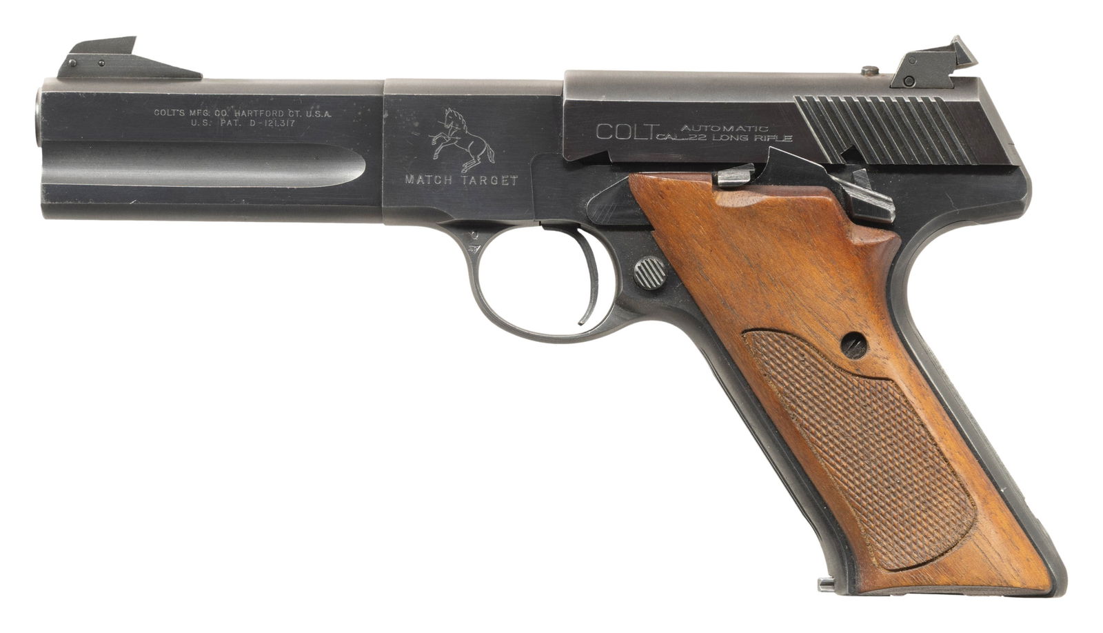 LOT OF 2 COLT WOODSMAN SEMI-AUTOMATIC PISTOLS.: 1) FIRST SERIES COLT WOODSMAN SEMI-AUTOMATIC PISTOL WITH MATCHING FACTORY BOX. Cal. 22 LR. S# 94896. Bbl. 4 9/16". Woodsman semi-automatic pistol mfg. by Colt in 1935. Left side of the bbl. is marked