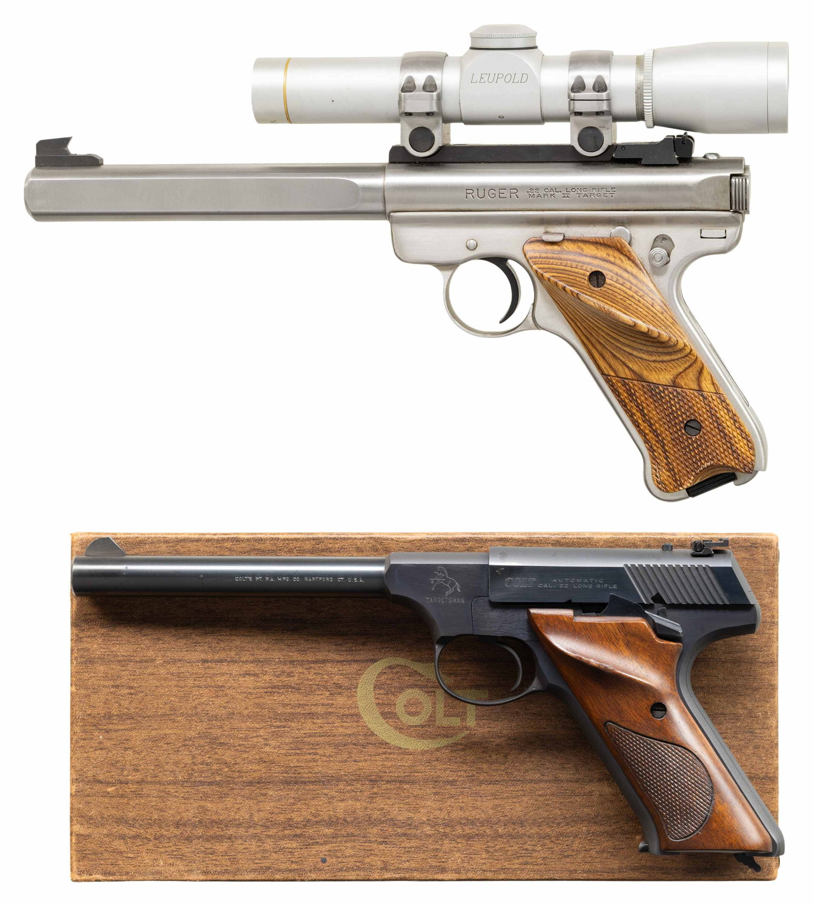 RUGER MK-II AND COLT TARGETSMAN SEMI-AUTO PISTOLS.: BOTH: Cal. 22 LR. MAGS: 2 TOTAL; 1 factory 10 rd for each pistol. CONDITION: near excellent including grips, bores and scope set. 1). RUGER STAINLESS MARK II COMPETITION TARGET MODEL. S#222-71779. Bbl