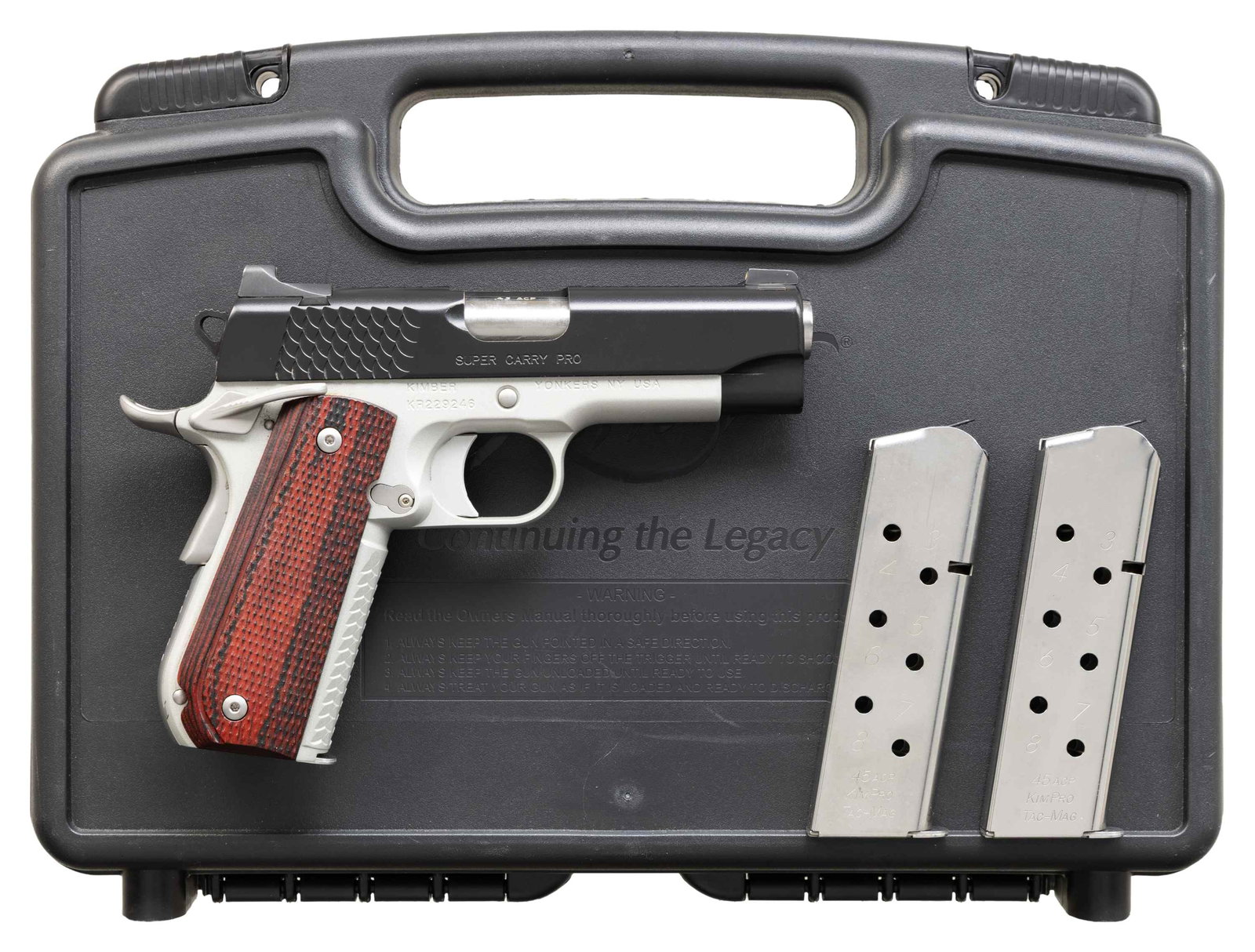 KIMBER CUSTOM SHOP SUPER CARRY PRO SEMI AUTO: PISTOL WITH MATCHING CASE. Cal. 45 ACP. S# KR229246. Bushingless 4" bbl. Kimpro II matte black & satin silver finishes. Features include: 3 Dot MH3 night sights, ambidextrous thumb safety, rounded hee