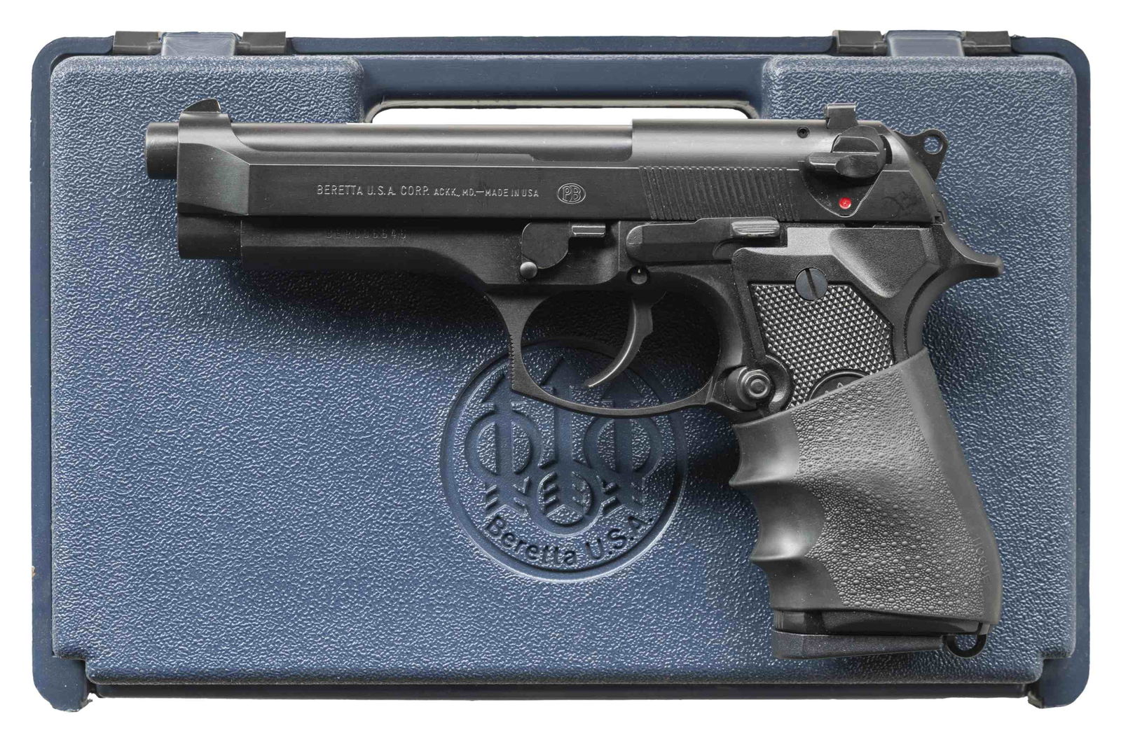 BERETTA 96 SEMI AUTO PISTOL.: Cal. 40 S&W. S# BER006646. Bbl. 4 7/8". Three dot Trijicon night sights. Maryland made Beretta 96 pistol. Ambi manual safety that also acts as a decocker. Matte black finish. Checkered black factory g