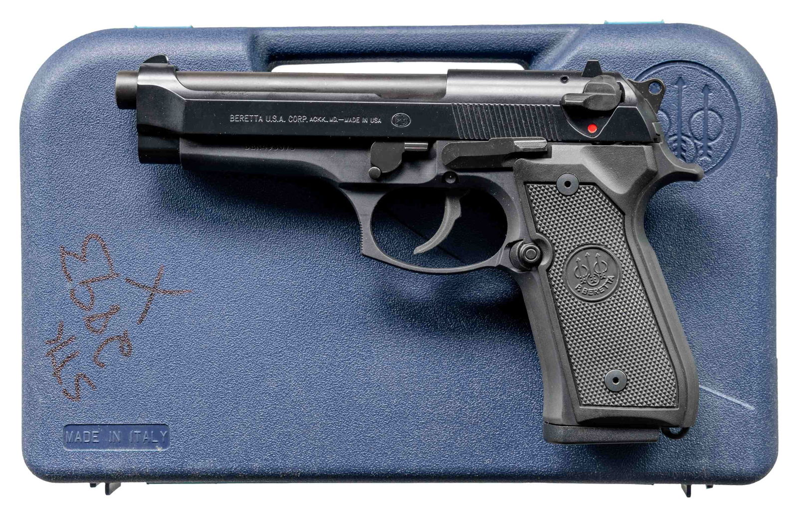 BERETTA 92FS SEMI AUTO PISTOL.: Cal. 9x19. S# BER493075. Bbl. 5". Three dot sights. Maryland made Beretta 92 FS pistol. Ambi safety that also acts as a decocker. Matte black finish. Checkered black grips with Beretta monograms. MAGS
