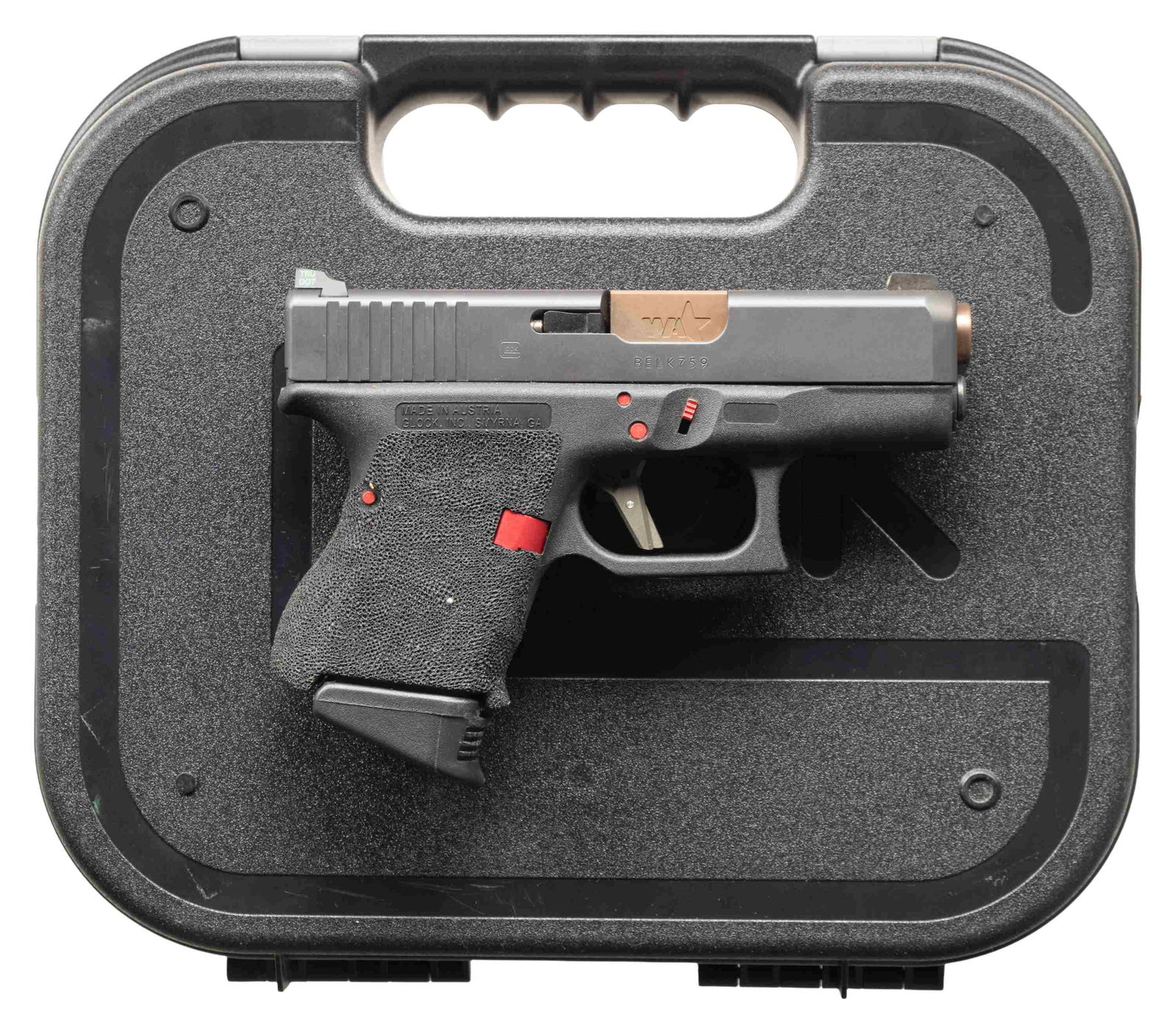 CUSTOMIZED GEN. 4 GLOCK 26 SEMI AUTO PISTOL WITH: CASE. Cal. 9x19 (9mm Luger). S# BELK759. Customized Glock 26 w/ Wheaton Arms 3 3/8" bbl., Tru-dot sights, Wheaton Arms trigger, added stippling to grip surface & red painted parts. MAGS: 7 TOTAL: 3 Gl