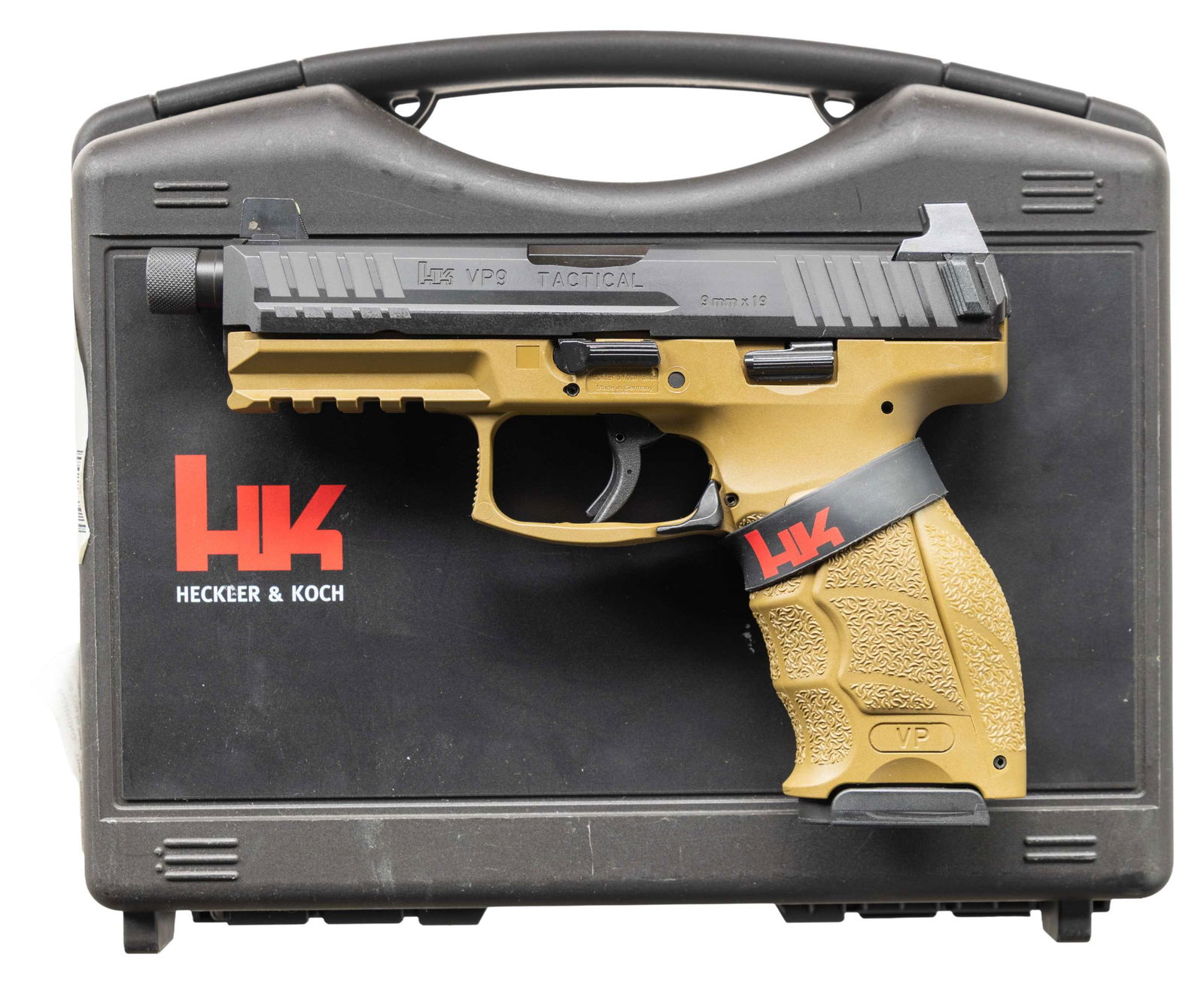 H&K VP9 TACTICAL SEMI AUTO PISTOL.: Cal. 9mm Luger. S# 224-414455. Bbl. 4 3/4". Suppressor height night sights. Black finished slide & bbl. Polymer FDE frame with picatinny accessory rail. MAGS: 3-17 rd. UNATTACHED ACCESSORIES: matching