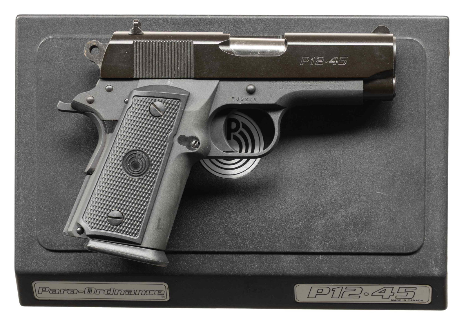PARA ORDNANCE P12.45 SEMI AUTO PISTOL.: Cal. 45 ACP. S# RJ3379. Bbl. 3 1/2". Three dot sights. Canadian made double stack 1911 style pistol. Slide has matte black finish. Frame has matte gray finish. Checkered black rubber grips with Para l