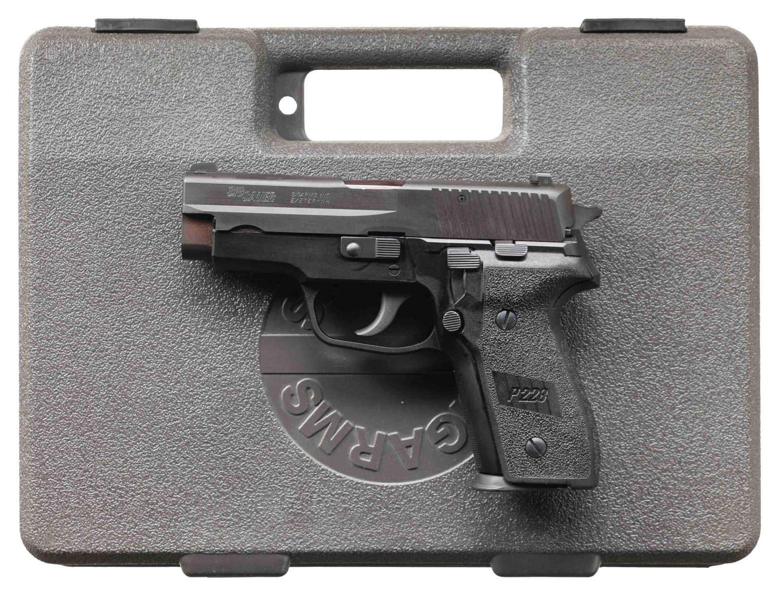 WEST GERMAN SIG P228 SEMI AUTO PISTOL.: Cal. 9mm Luger. S# B218895. Bbl. 3 7/8". Three dot night sights. West German made & Exeter, NH imported P228 pistol. Gray finished slide. Matte black finished frame. Black rubber factory grips. MAGS: