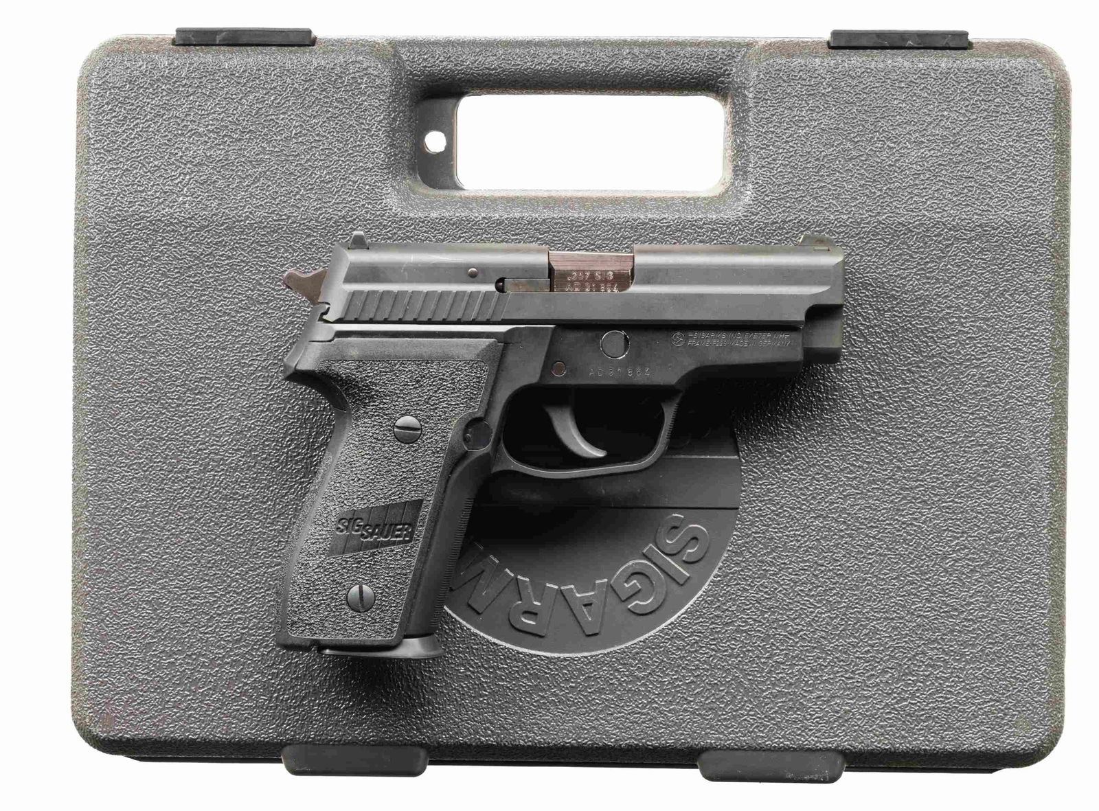 SIG SAUER P229 SEMI AUTO PISTOL.: Cal. 357 Sig. S# AD31864. Bbl. 4 3/8". White dot front sight. Square notch rear sight with white stripe. Exeter, NH assembled pistol with German frame. Gray finished slide. Matte black finished