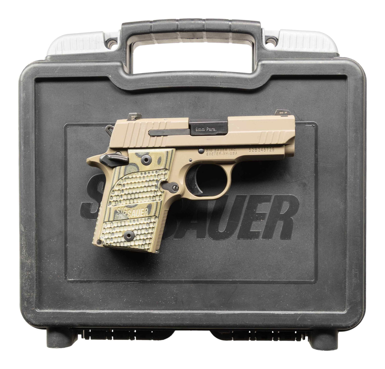 SIG SAUER P938 SCORPION SEMI AUTO PISTOL.: Cal. 9mm Para. S# 52B245729. Bbl. 3". Three dot night sights. 1911 style CCW pistol. Ambi safety. FDE finish. Polymer grips with Sig Sauer logo. MAGS: 1-7 rd. UNATTACHED ACCESSORIES: matching