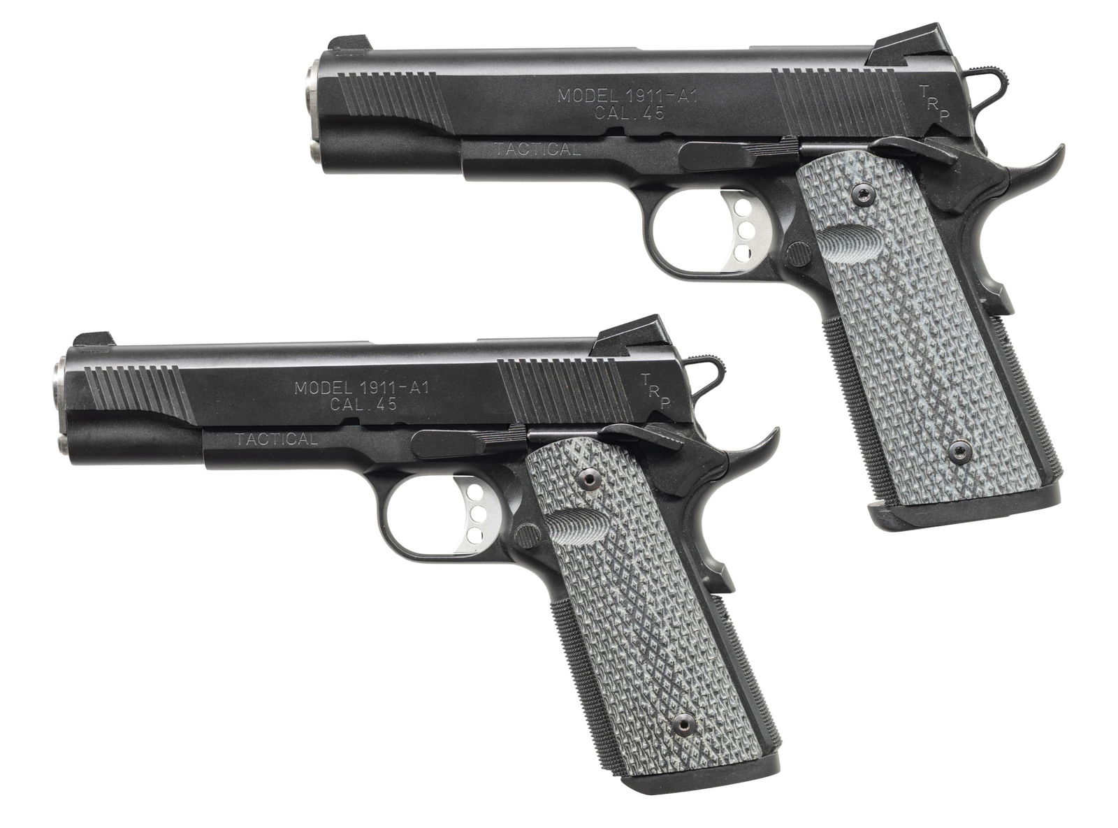 LOT OF TWO SPRINGFIELD ARMORY TRP 1911A1 SEMI AUTO: PISTOLS. Both configured as follows: Cal. 45 ACP. Bbl. 5". Three-dot Trijicon night sights. Front & rear slide serrations. Ambi safeties. Extended beavertail grip safeties. Stippled grip straps. G10