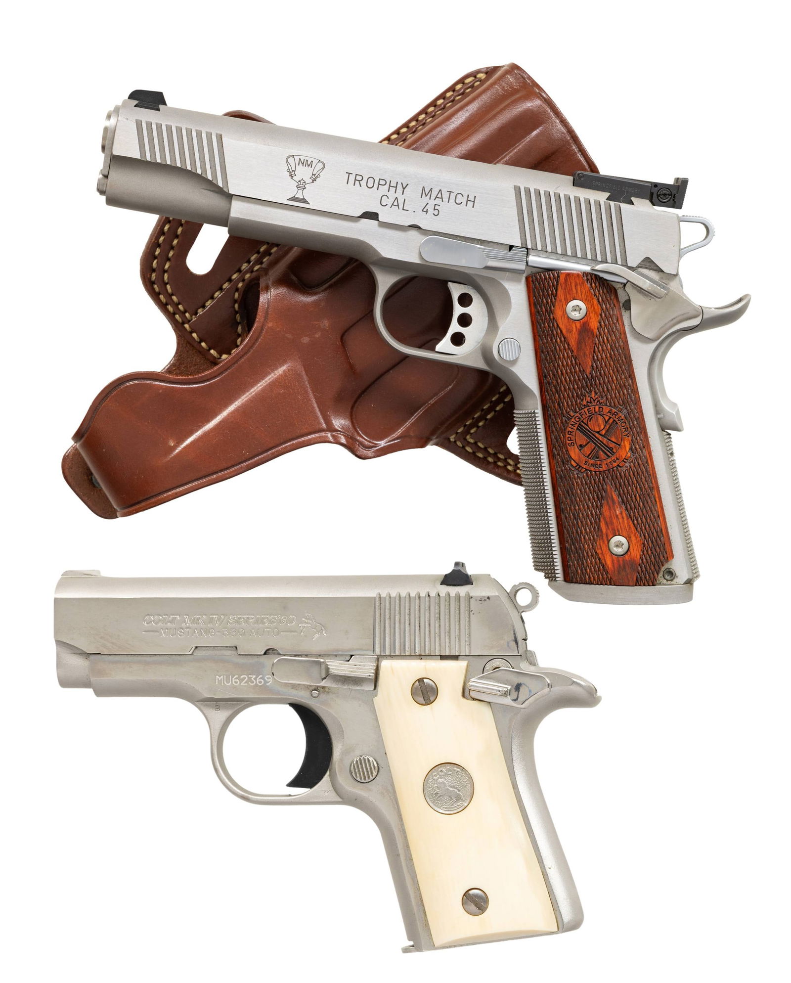 LOT OF TWO 1911 STYLE SEMI AUTO PISTOLS.: This lot consists of the following semi auto pistols: 1) Springfield Armory Trophy Match 1911 Pistol. Cal. 45 ACP. S# NM224218. Bbl. 5". Blade front sight. Adjustable Springfield Bo-Mar style rear