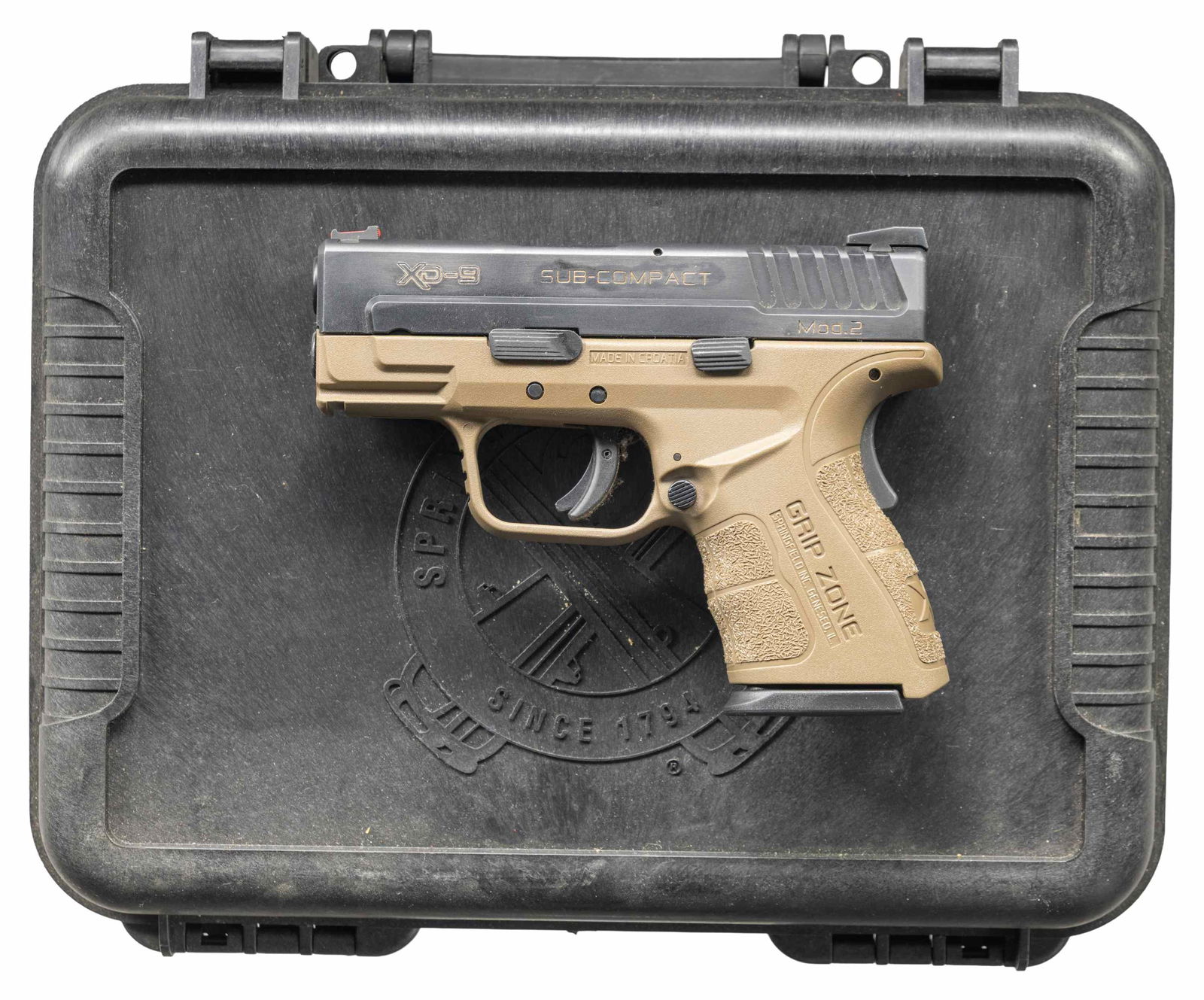 SPRINGFIELD XD9 SUBCOMPACT MOD2 SEMI AUTO PISTOL.: Cal. 9x19. S# GM835287. Bbl. 3". Optic front sight. Two dot rear sight. Matte black slide with varied markings having added yellow highlight. FDE polymer frame. MAGS: 2-13 rd. & 3-16 rd. Total of 5.