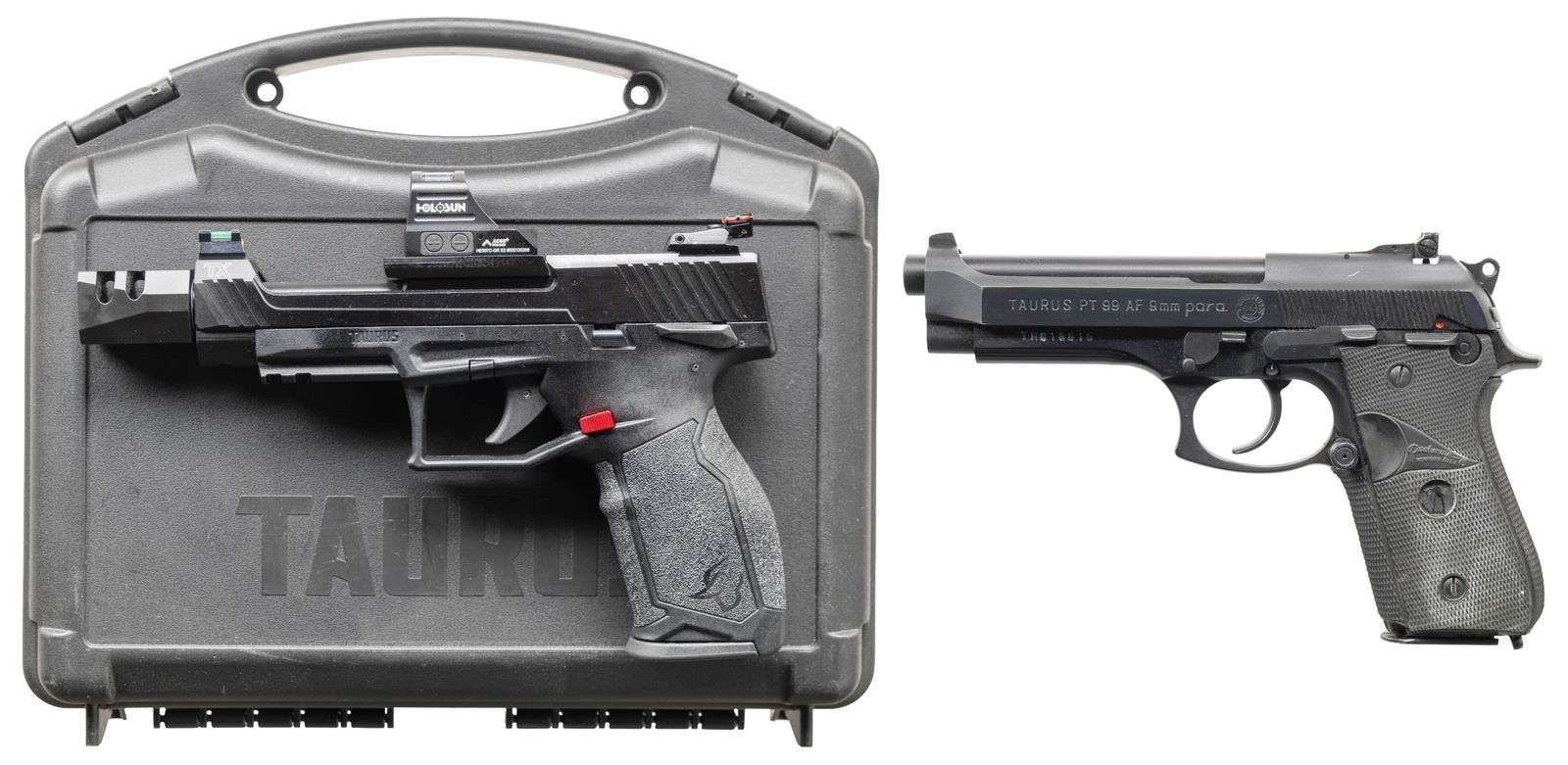 LOT OF TWO TAURUS SEMI AUTO PISTOLS.: 1) TAURUS PT99 AF. Cal. 9mm Luger. S# THC18816. Bbl. 5". Three dot sights with adjustable rear. Enlarged mag release. Blued & anodized finish. Pachmayr Signature Model grips. MAGS: 1-15. CONDITION: