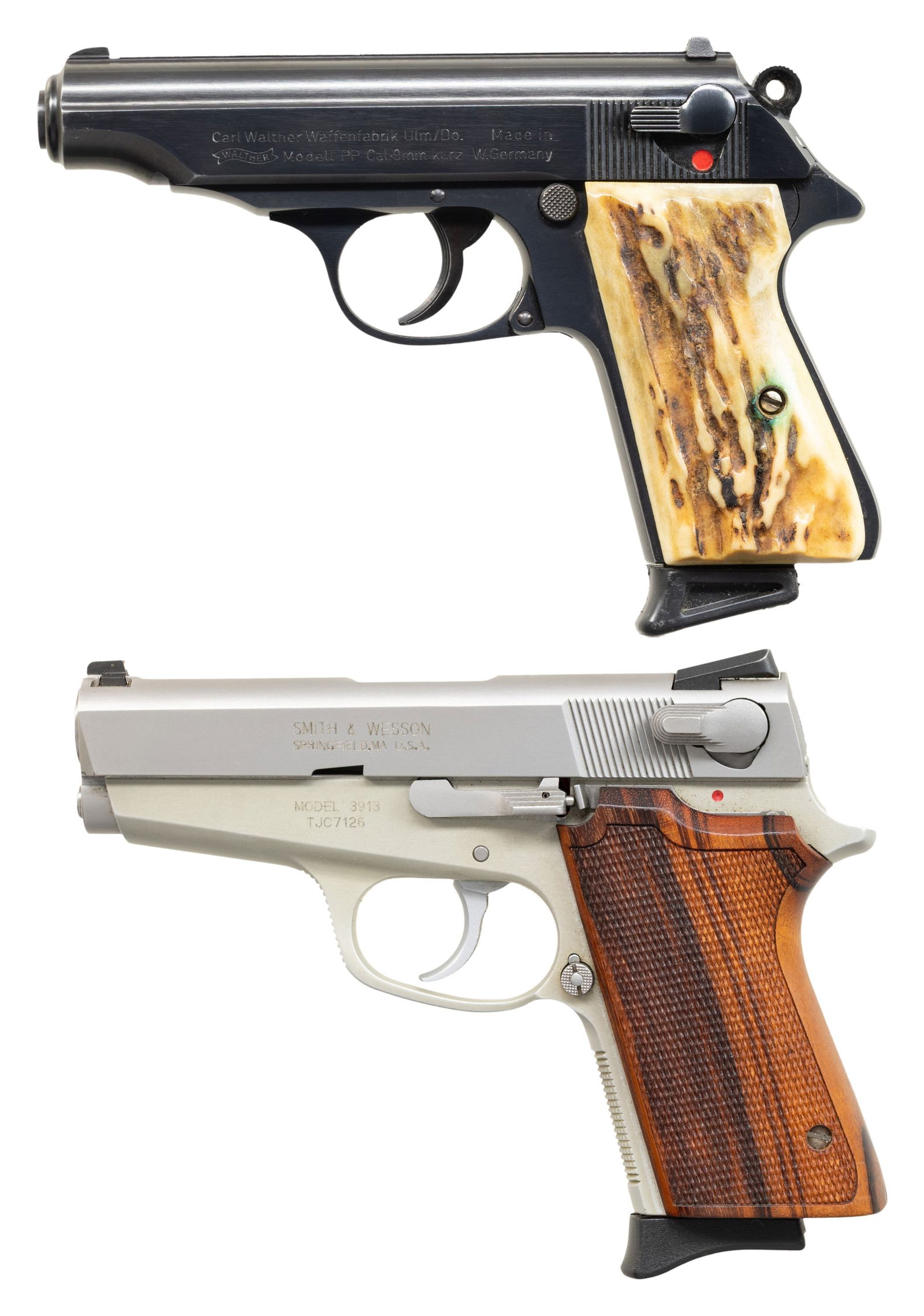 LOT OF 2 WALTHER MODEL PP & INTERARMS MODEL PPK: SEMI-AUTOMATIC PISTOLS. 1) Walther Model PP SEMI-AUTOMATIC PISTOL. Cal. 9mm Kurz. S# 72037A. Bbl. 3 13/16". Model PP semi-automatic pistol mfg. in West Germany by Walther in 1982. Left side of the