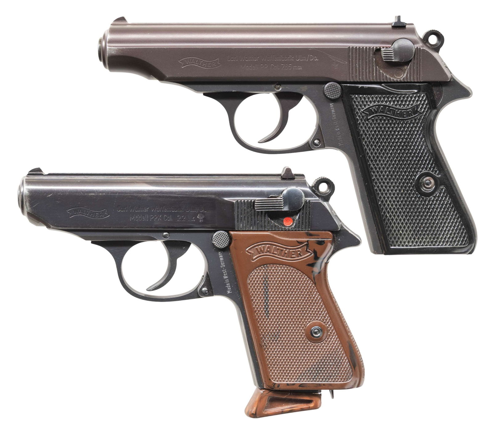 LOT OF 2 WEST GERMAN WALTHER MODEL PP & PPK: SEMI-AUTOMATIC PISTOLS. 1) WALTHER MODEL PP SEMI-AUTOMATIC PISTOL. Cal. 7.65mm. S# 367556. Bbl. 3 13/16". Model PP semi-automatic pistol mfg. in West Germany by Walther in 1967. Left side of the