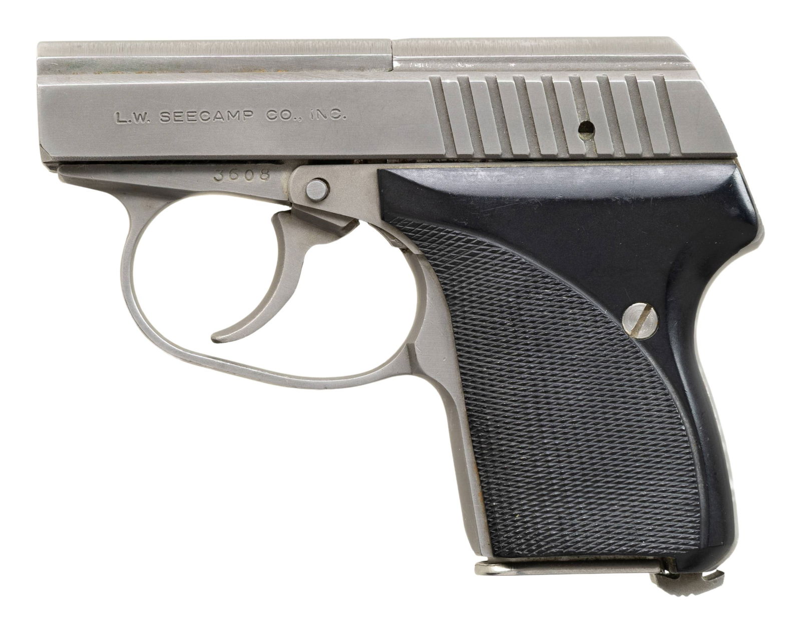 LW SEECAMP LWS-25 SEMI AUTO PISTOL.: Cal. 25 ACP. S# 3608. Bbl. 2". Left side of bbl. has LWS Milford, CT address. Stainless finish. Checkered black plastic grips. MAGS: 1-7 rd. CONDITION: right grip panel shows a long crack extending