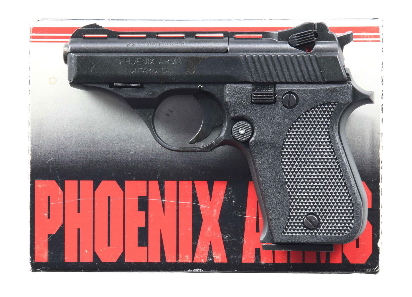 PHOENIX ARMS HP22A SEMI AUTO PISTOL.: Cal. 22 LR. S# 4287676. Bbl. 3". Blade front sight. Square notch rear sight. Matte black finish. Checkered black grips. MAGS: 1-10 rd. UNATTACHED ACCESSORIES: matching numbered factory box with