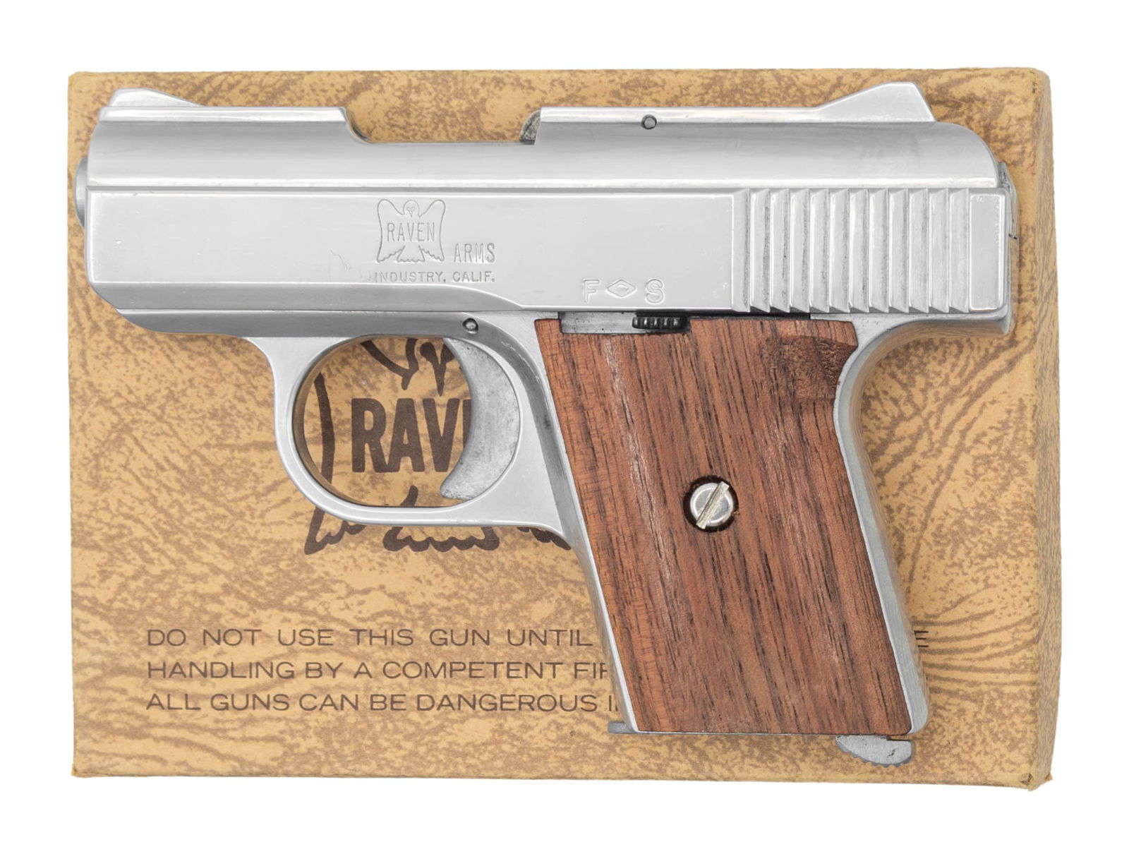 RAVEN MP25 SEMI AUTO PISTOL.: Cal. 25 ACP. S# 819913. Bbl. 2 3/8". Blade front sight. Fixed rear sight. Nickel finish. Smooth hardwood grips. MAGS: 1-6 rd. UNATTACHED ACCESSORIES: matching numbered box with manual. CONDITION: