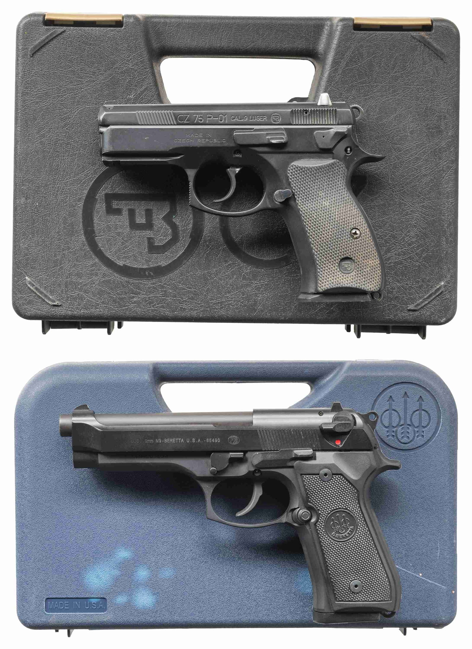 LOT OF TWO 9MM SEMI AUTO PISTOLS.: Both Cal. 9mm Luger.1) CZ-75 P01 Semi Auto Pistol. S# C211042. Bbl. 3 3/4". Three dot sights. Right handed decocker. Mfr. 2017. Black polycoat finish. Frame has accessory rail. Checkered black rubber