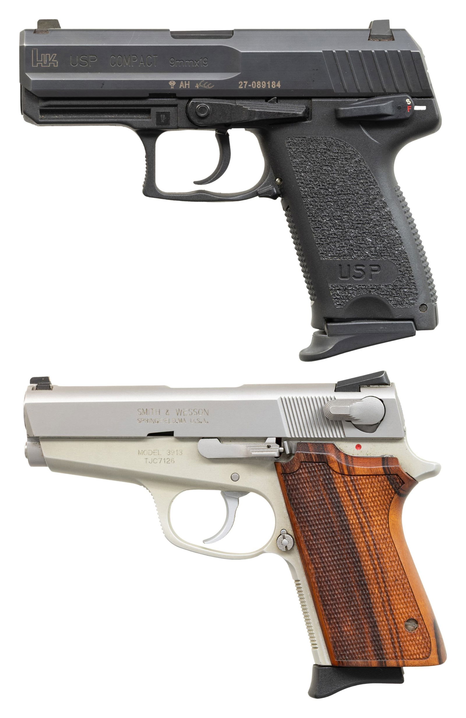 LOT OF TWO 9MM PARA SEMI AUTO PISTOLS.: This lot consists of the following pistols: 1) H&K USP Compact Semi Auto Pistol. S# 27-089184. Bbl. 3 5/8". Three dot night sights. Right handed manual safety that also acts as a decocker. Bobbed