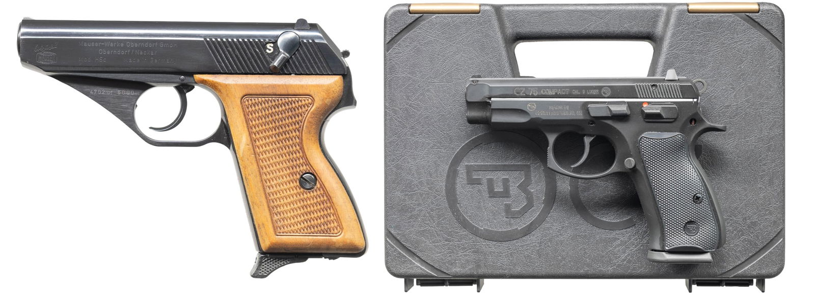 LOT OF TWO SEMI AUTO PISTOLS.: 1) Commemorative Mauser HSC Semi Auto Pistol. Cal. 9mm Kurz (380 ACP. S# 4702. Bbl. 3 1/4". Standard HSC sights. Number 4702 out of 5000 Commemorative HSC pistols. Slide has US Eagle seal. Blued