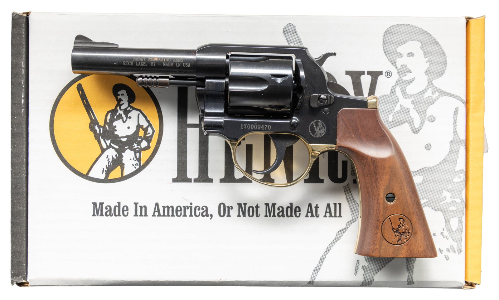 HENRY BIG BOY DA REVOLVER.: Cal. 357 Mag/38 Spl. S# 170009470. Bbl. 4". Ramped blade front sight. Fixed rear sight. Henry catalog # H017GDM Big Boy Revolver. 6-shot cyl. Blued finish with brass trigger guard & grip frame. Walnut