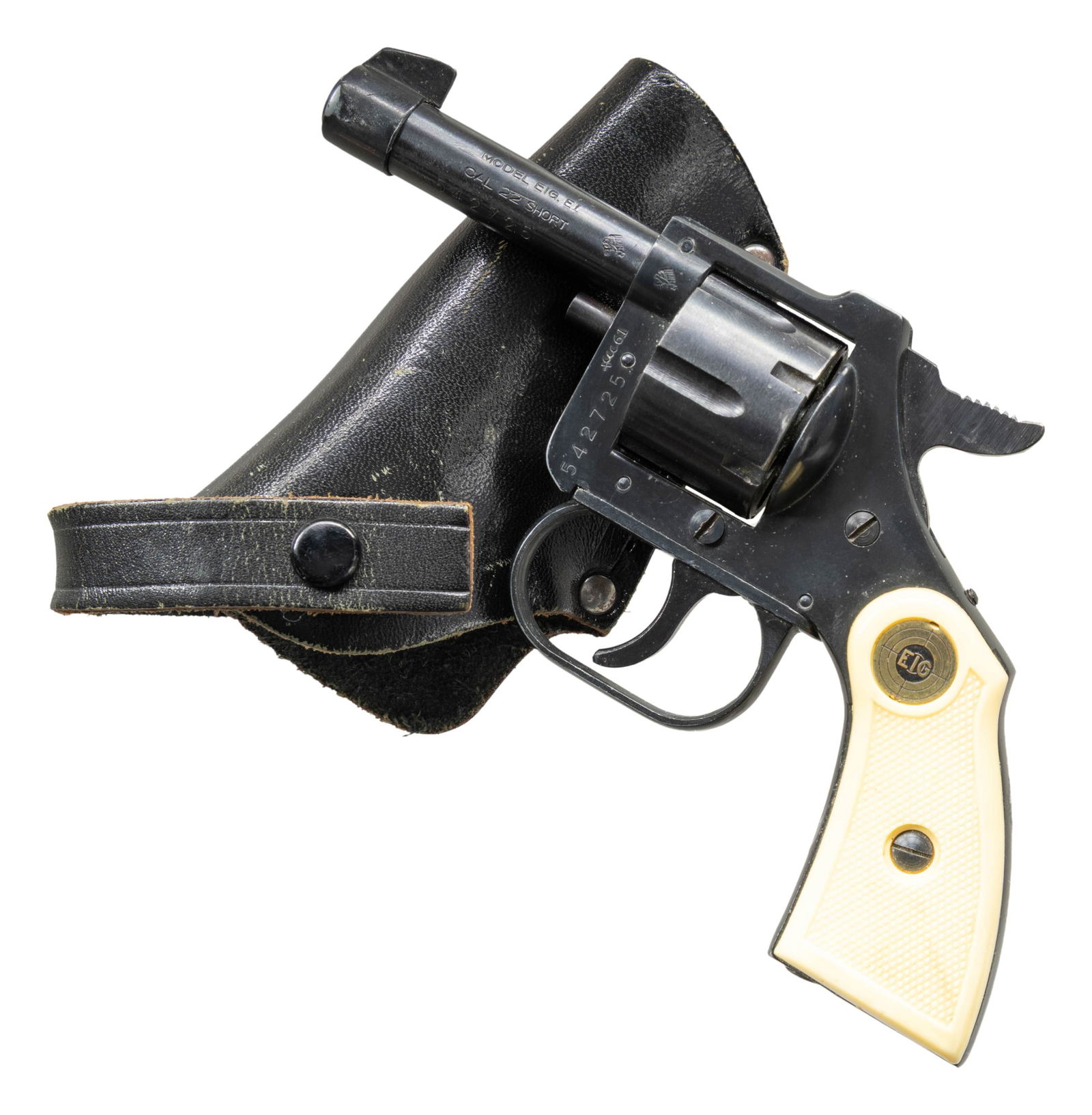 GERMAN EIG MODEL EI DOUBLE ACTION REVOLVER.: Cal. 22 Short. S# 542725. Bbl. 2 1/2". Model EI double action revolver mfg. in Germany and imported by EIG (Saul Eig) in 1961. Left side of the bbl. is marked with the model and cal. designations. wit