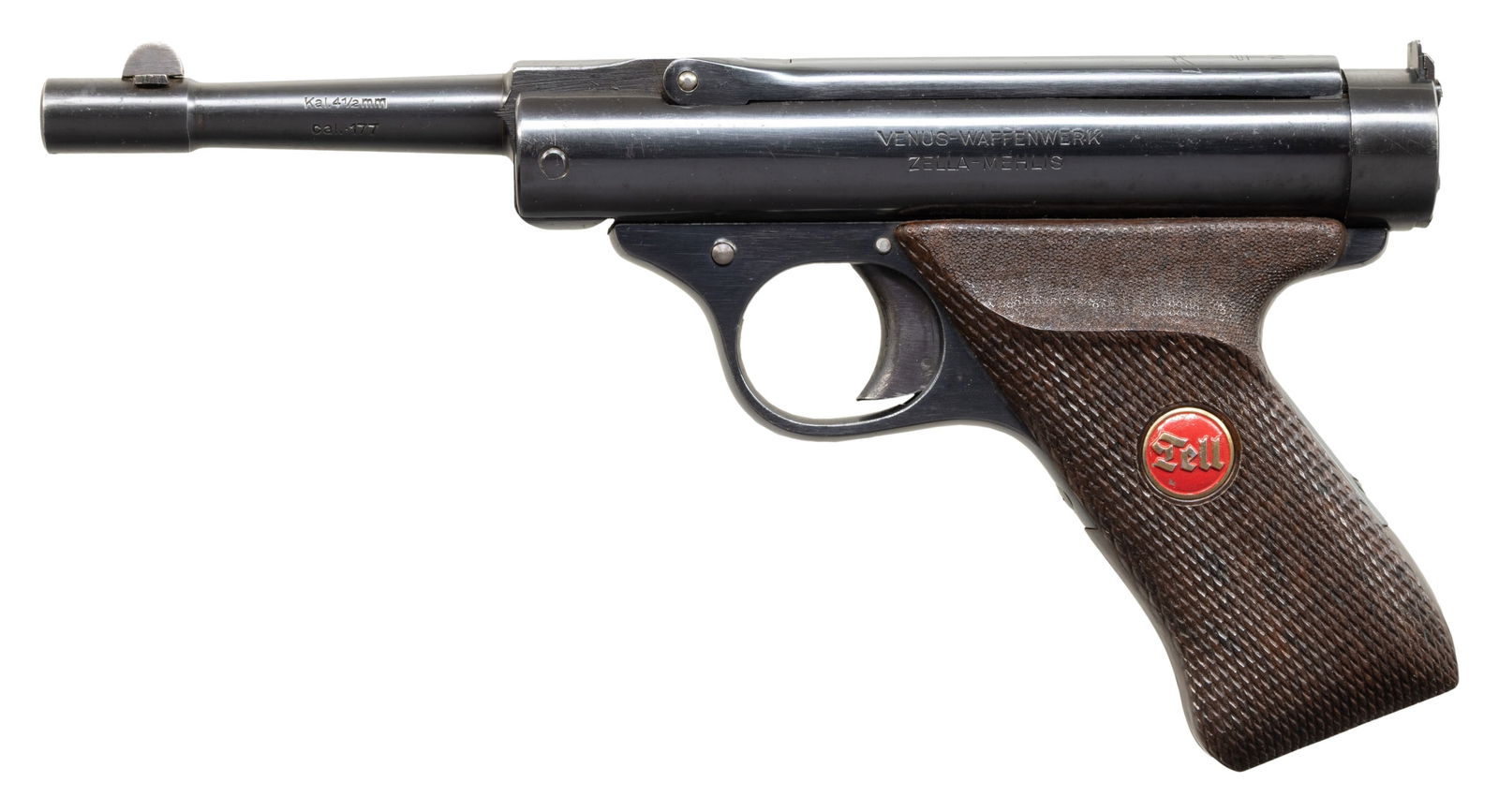 SCARCE VENUS WAFFENWERKE TELL MODEL 3 AIR PISTOL: WITH ORIGINAL FACTORY BOX. Cal. .177. S# 327. Bbl. 5 1/16". 1 of only approx. 1,000 Tell Model 3 air pistols mfg. by Venus Waffenwerk circa. 1937-1940. The left side of the bbl. is marked "Kal. 4 1/2m